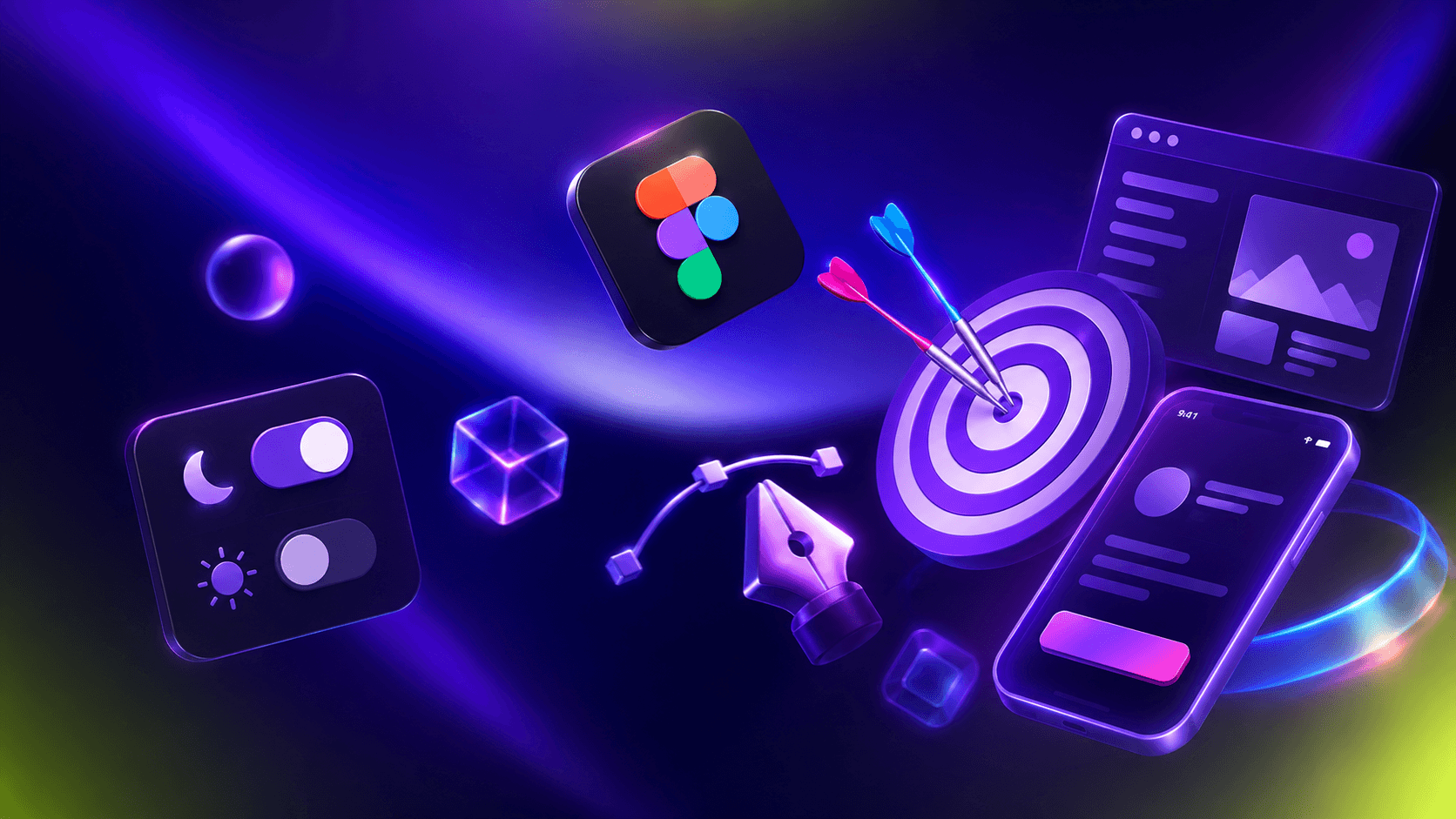 Illustration UI/UX Design futuriste avec logo Figma, smartphone, interface digitale 3D et éléments interactifs néon violets et bleus.Illustration UI/UX Design futuriste avec logo Figma, smartphone, interface digitale 3D et éléments interactifs néon violets et bleus.