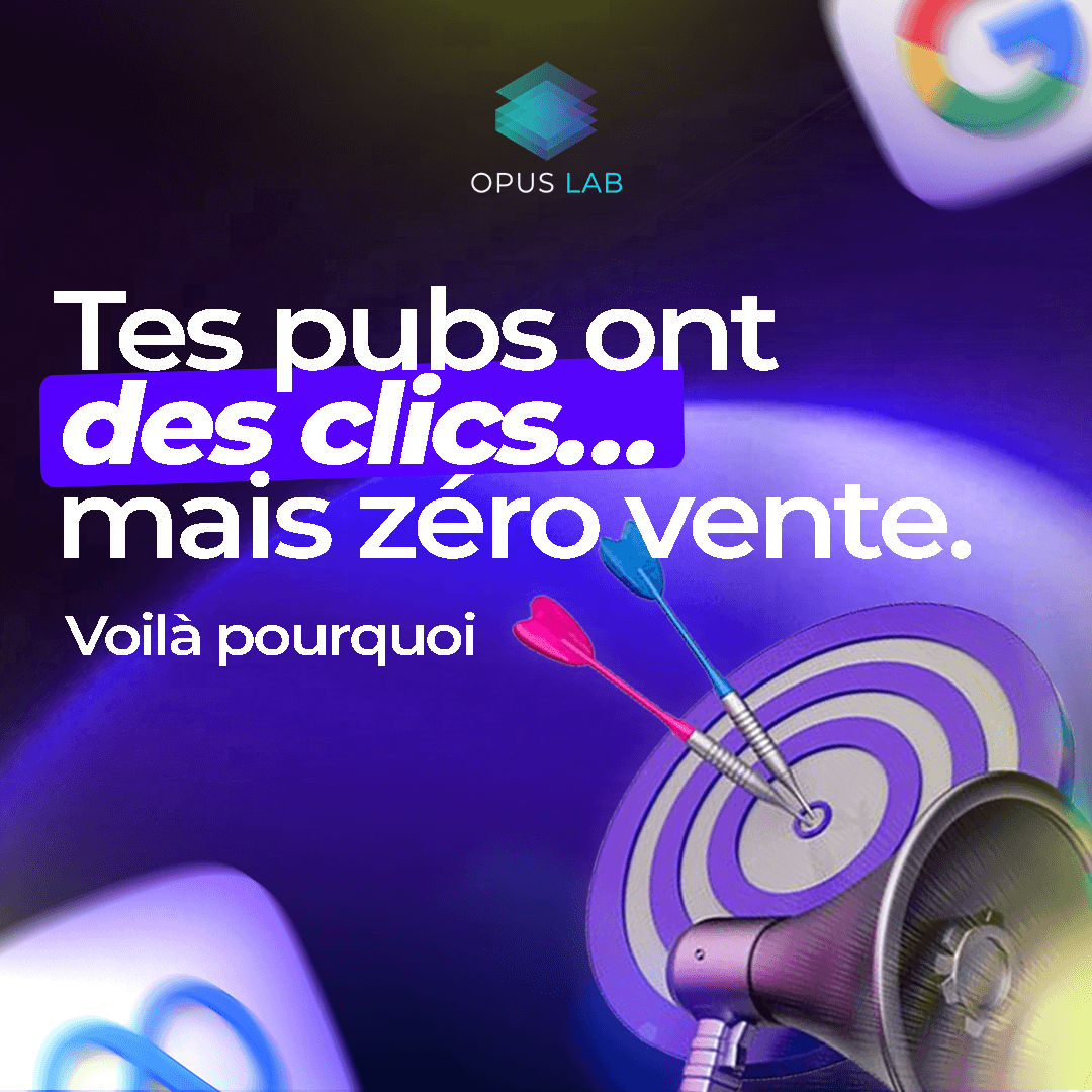 Illustration marketing montrant des publicités digitales avec des clics mais sans conversion, cible avec fléchettes et message sur les ads inefficaces.
